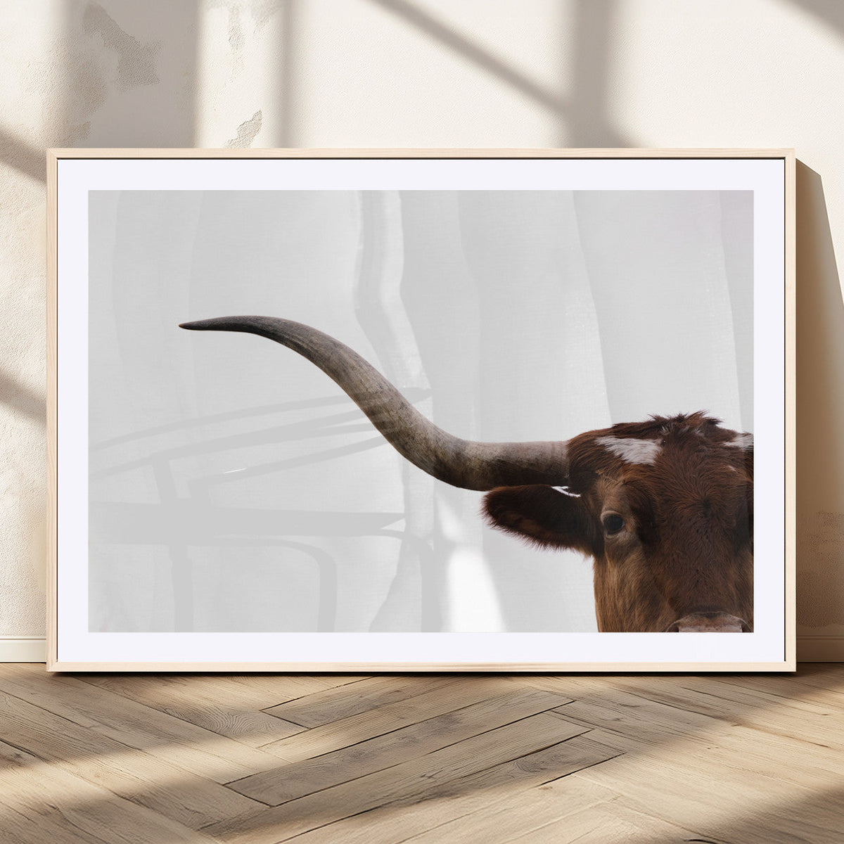 Texas Longhorn Wall Art Canvas Print, Framed Minimalist Cow Art, Ranch Style Decor