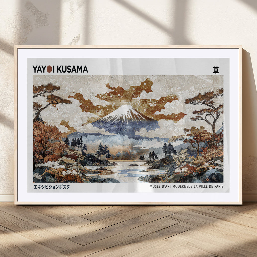 Modern Japanese Mount Fuji Canvas Art Print, Yayoi Kusama Wall Art, Framed Abstract Japanese Landscape