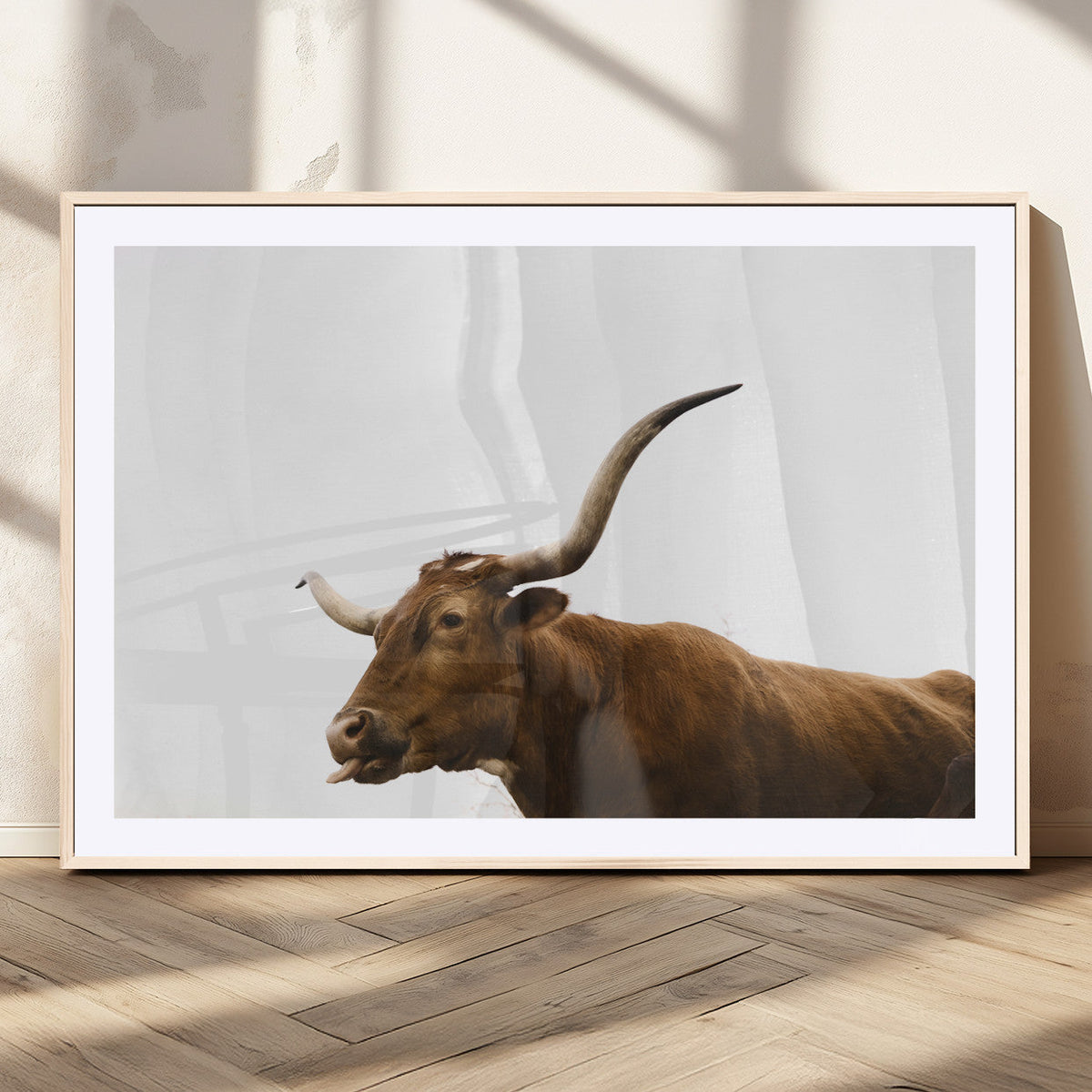 Longhorn Cow Wall Art Canvas Print, Framed Rustic Texas Bull Animal Decor