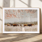 Country Cow Herd Wall Art Canvas Print, Framed Farmhouse Cattle Scene, Rustic Ranch Decor