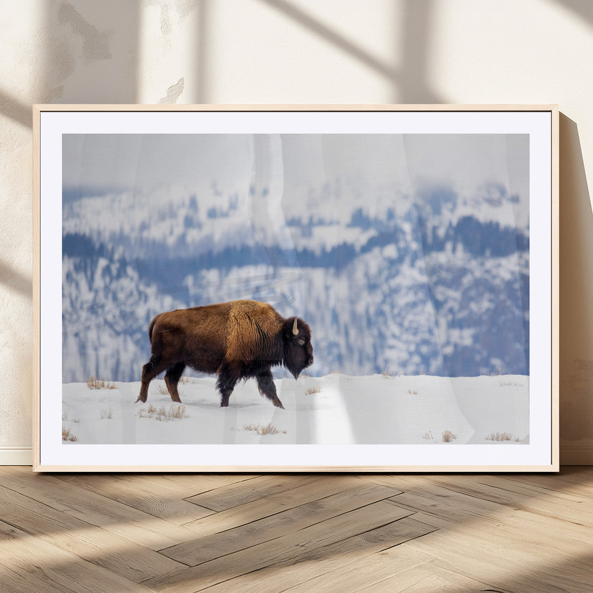Bison Snow Wall Art Canvas Print, Framed Wildlife Scene, Western Ranch Style Decor