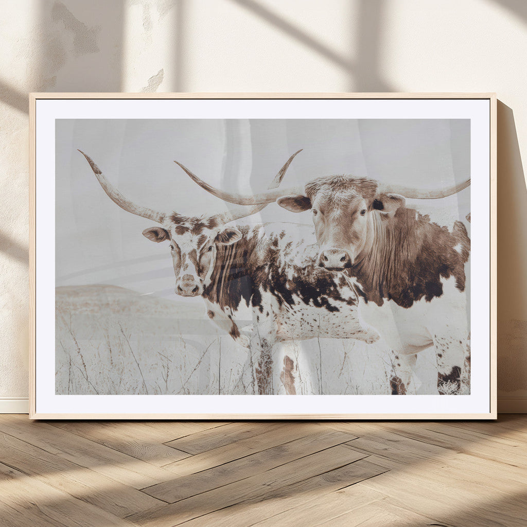 Longhorn Cow Wall Art Canvas Print, Framed Rustic Cattle Art, Sepia Western Decor
