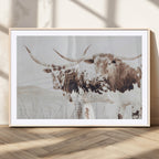Longhorn Cow Wall Art Canvas Print, Framed Rustic Cattle Art, Sepia Western Decor