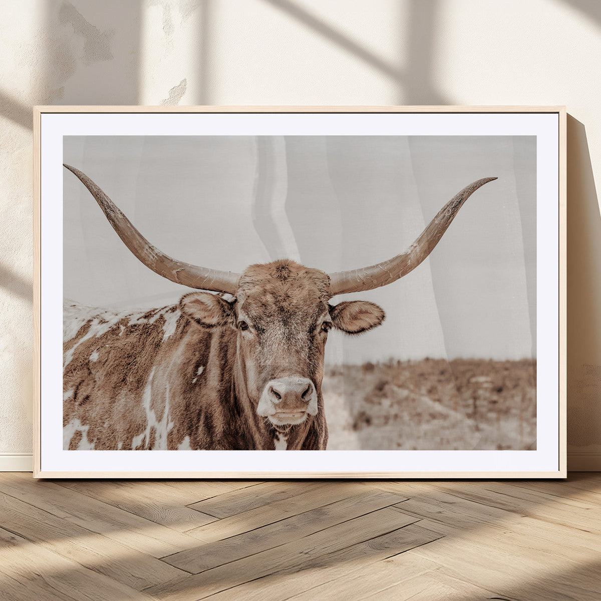 Longhorn Bull Wall Art Canvas Print, Framed Rustic Cow Decor, Neutral Farmhouse Style