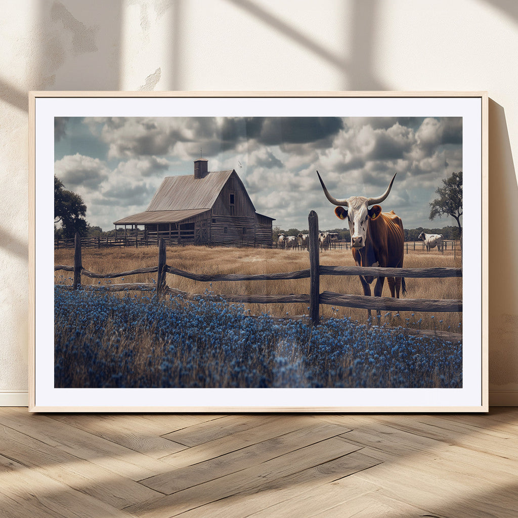 Texas Longhorn Wall Art Canvas Print, Framed Rustic Barn Art, Farmhouse Cow Decor