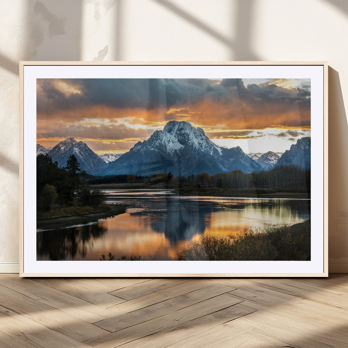 Mountain Sunset Wall Art Canvas Print, Framed Alpine Wilderness Art, Golden Hour Lake