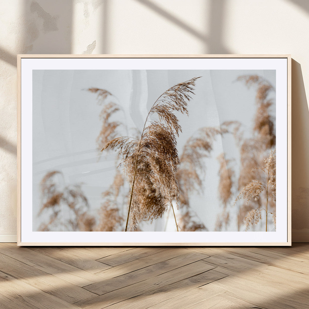 Pampas Grass Wall Art Canvas Print, Framed Neutral Tones Minimalist Boho