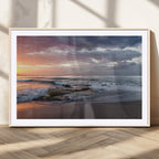 Golden Hour Wall Art Canvas Print, Framed Tranquil Waves Beach Sunset