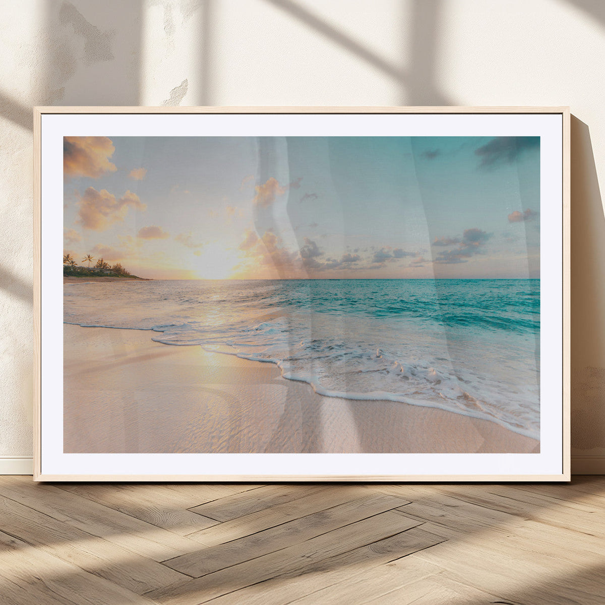 Beach Sunset Wall Art Canvas Print, Framed Ocean Waves Summer Escape