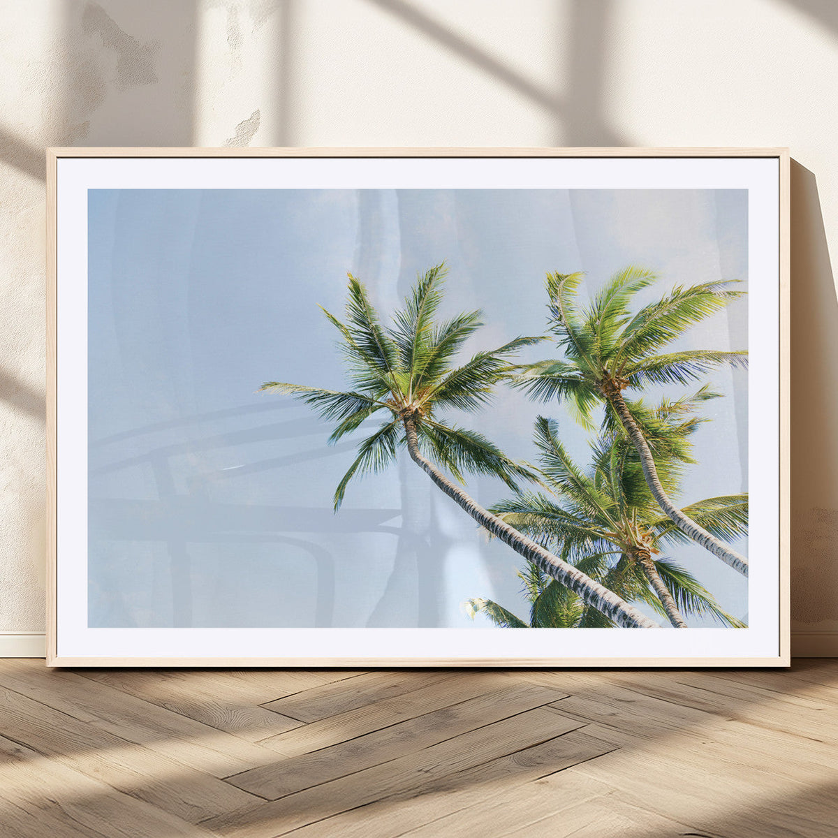 Palm Trees Wall Art Canvas Print, Framed Tropical Coastal Scene Under Blue Sky