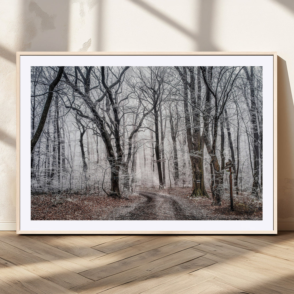 Winter Forest Wall Art Canvas Print, Framed Frosty Woodland with Misty Trees