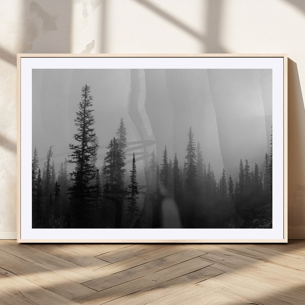 Misty Pines Wall Art Canvas Print, Framed Woodland Minimalist Black and White