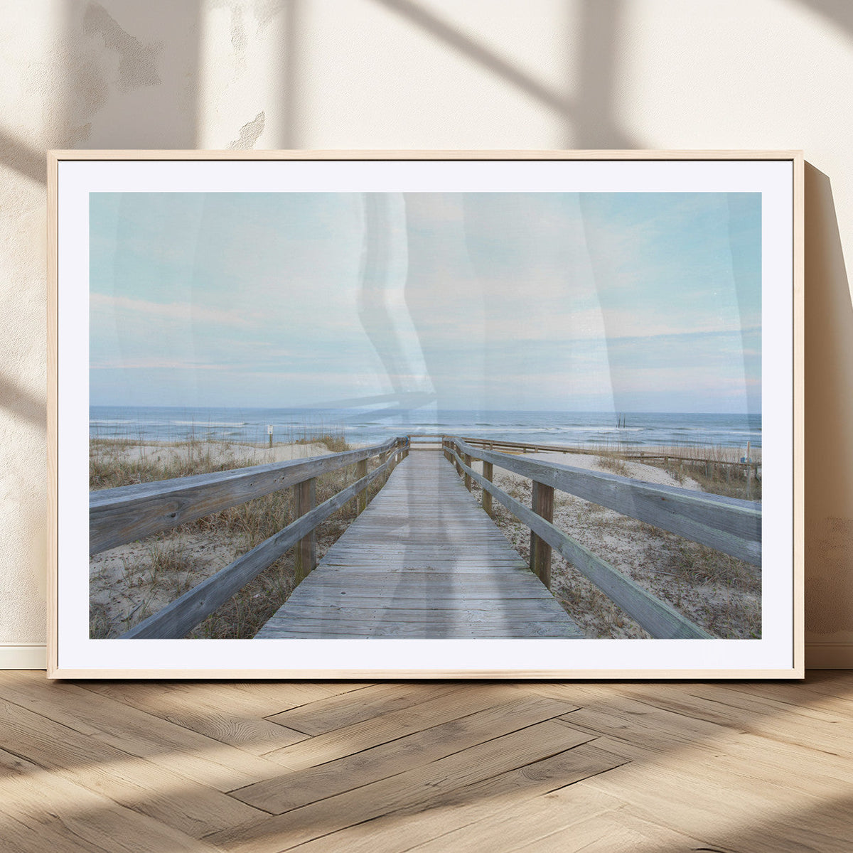 Beach Boardwalk Wall Art Canvas Print, Framed Coastal Serenity Ocean View