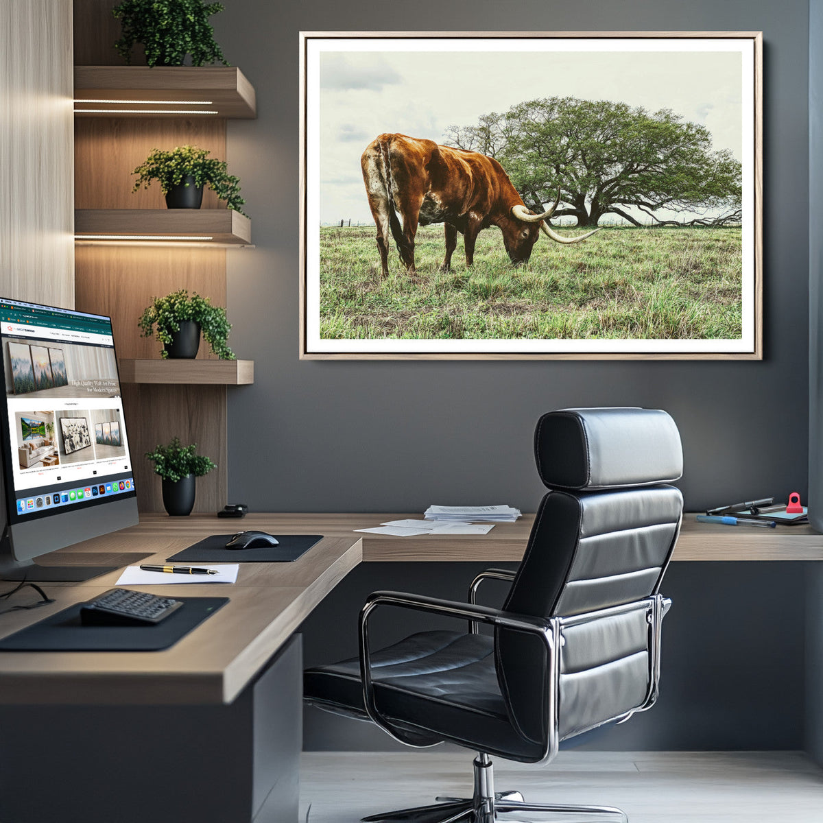 Texas Longhorn Wall Art Canvas Print, Rustic Western Ranch