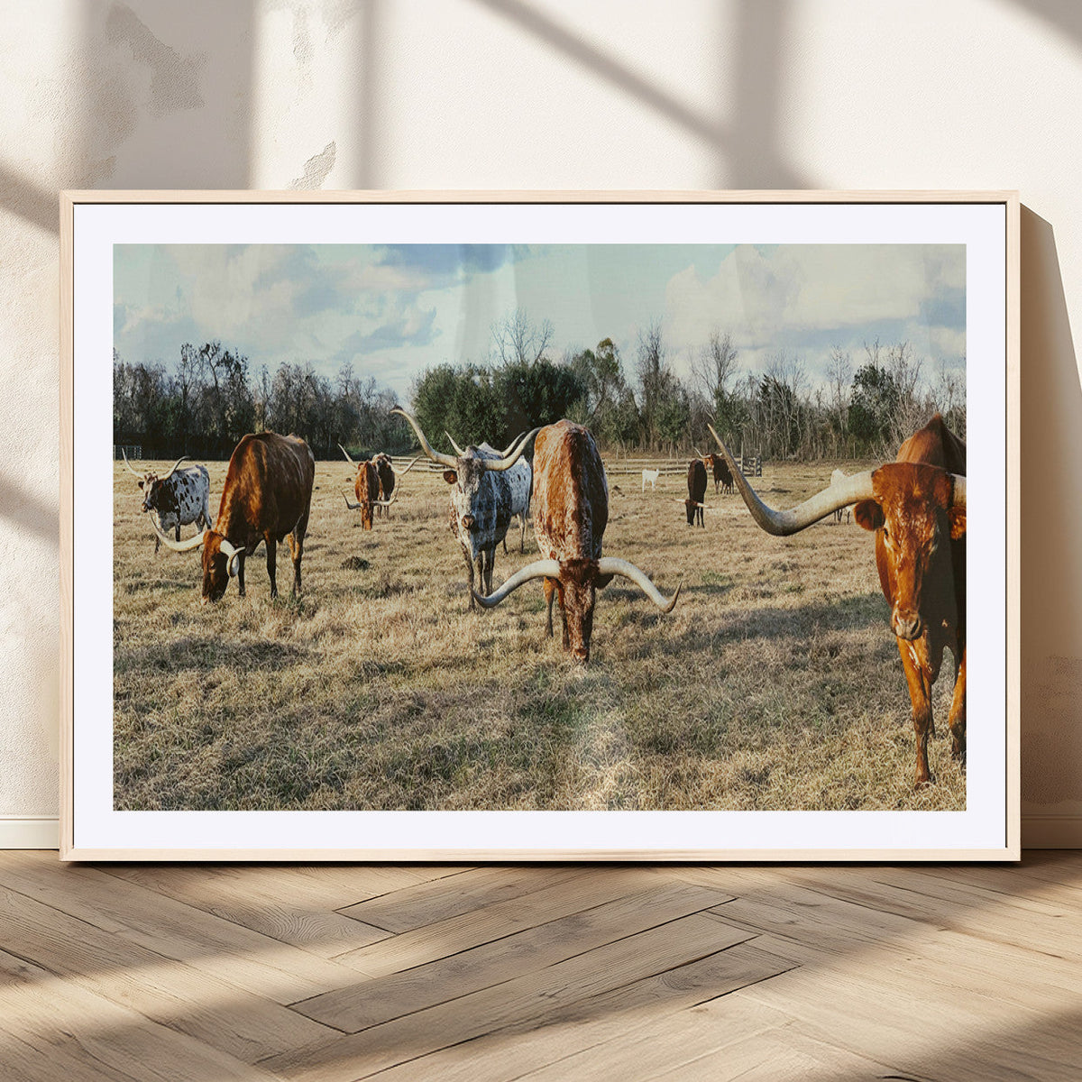 Texas Longhorns Wall Art Canvas Print, Framed Rustic Farm Scene Western Cattle