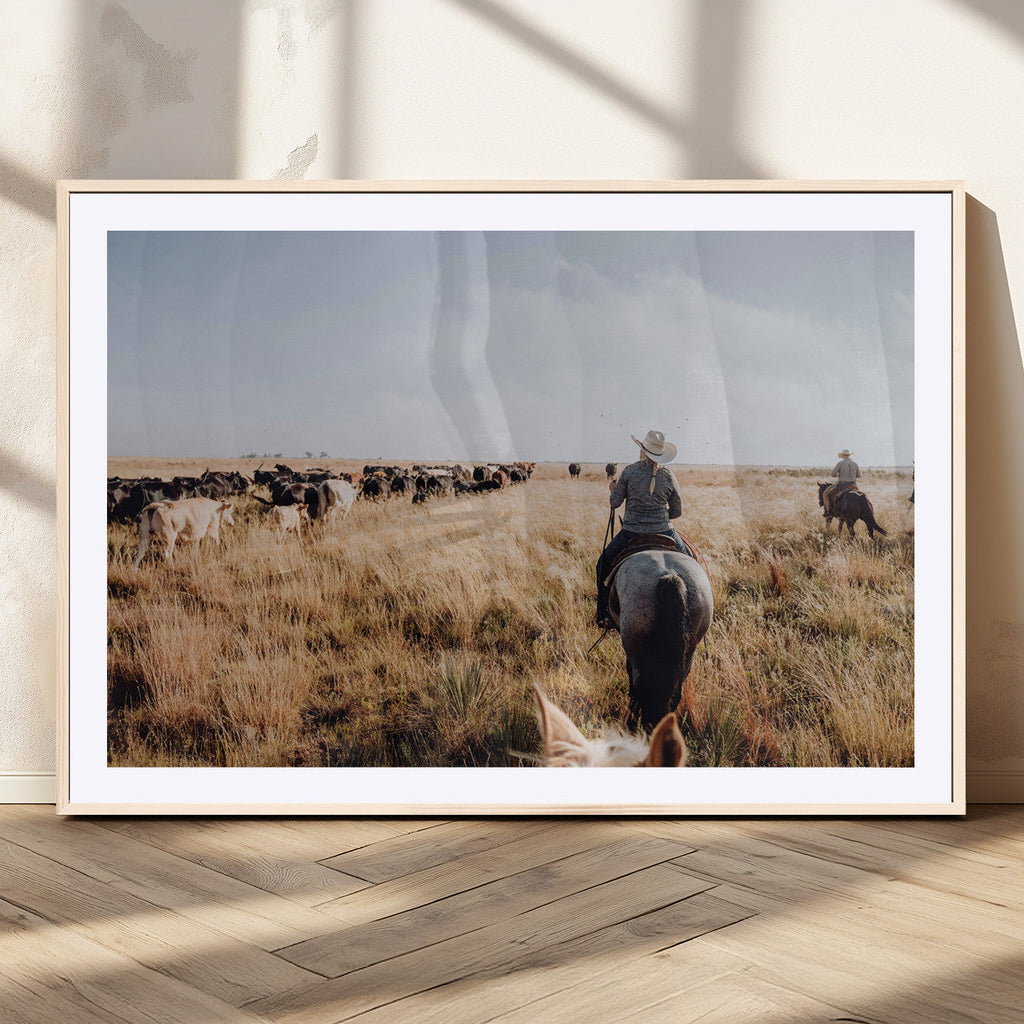 Western Wall Art Canvas Print, Framed Cowboy Cattle Drive Scene