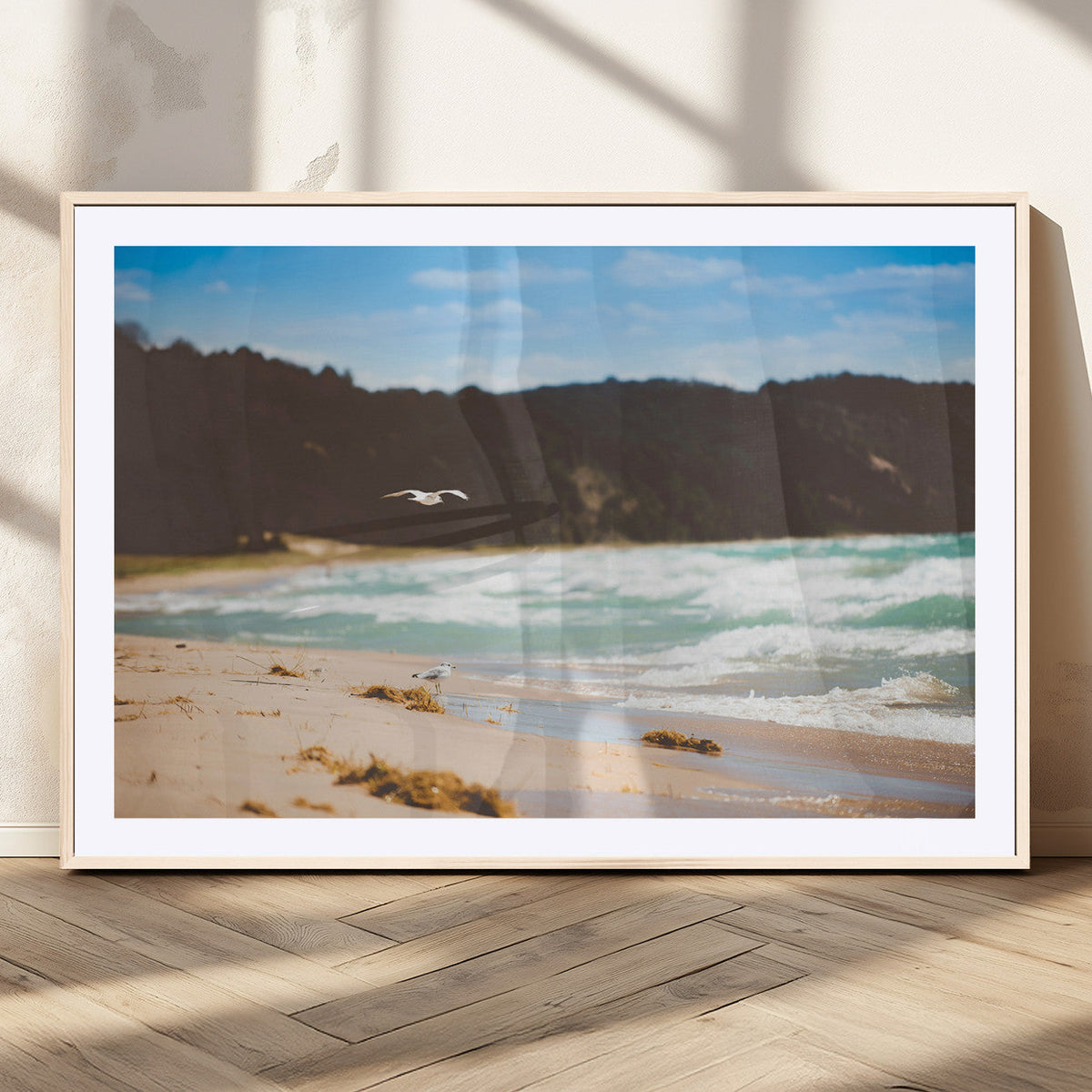 Tranquil Beach Wall Art Canvas Print, Framed Blue Ocean Waves on a Sandy Shore