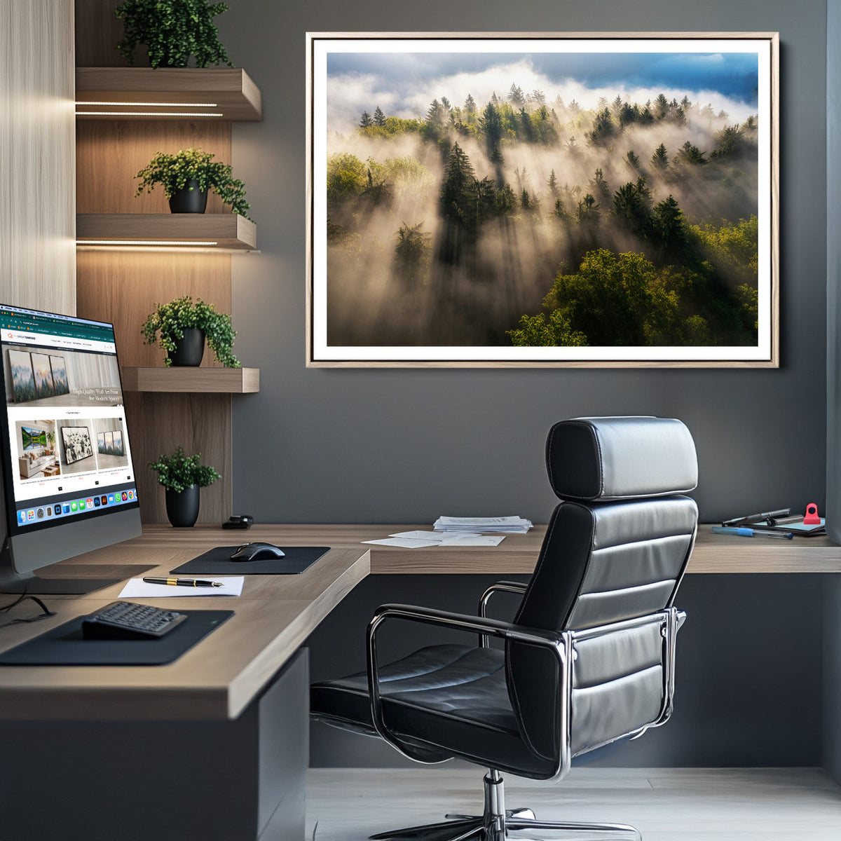 Tranquil Forest Scene Wall Art Canvas Print, Framed Moody Sunbeam Through Trees