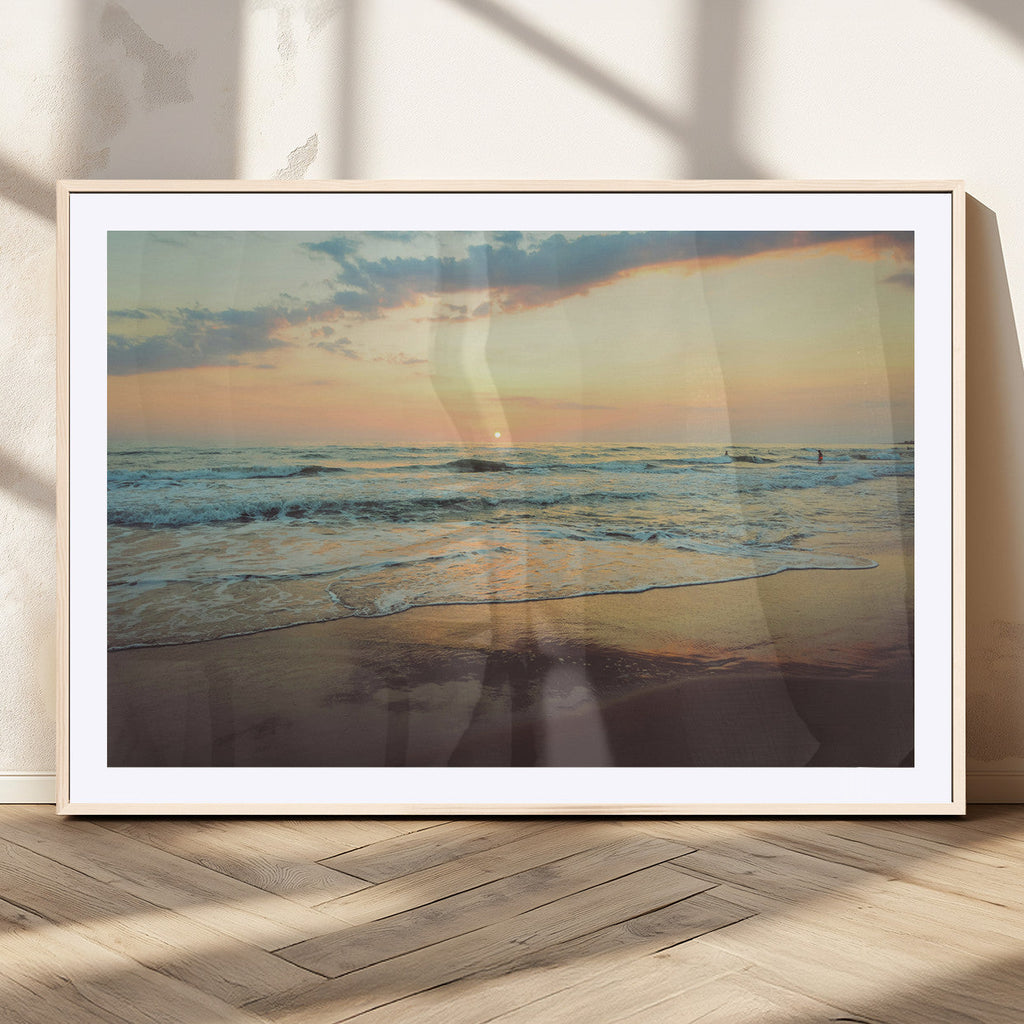 Sunset Seascape Wall Art Canvas Print, Framed Pastel Ocean View with Tranquil Shoreline