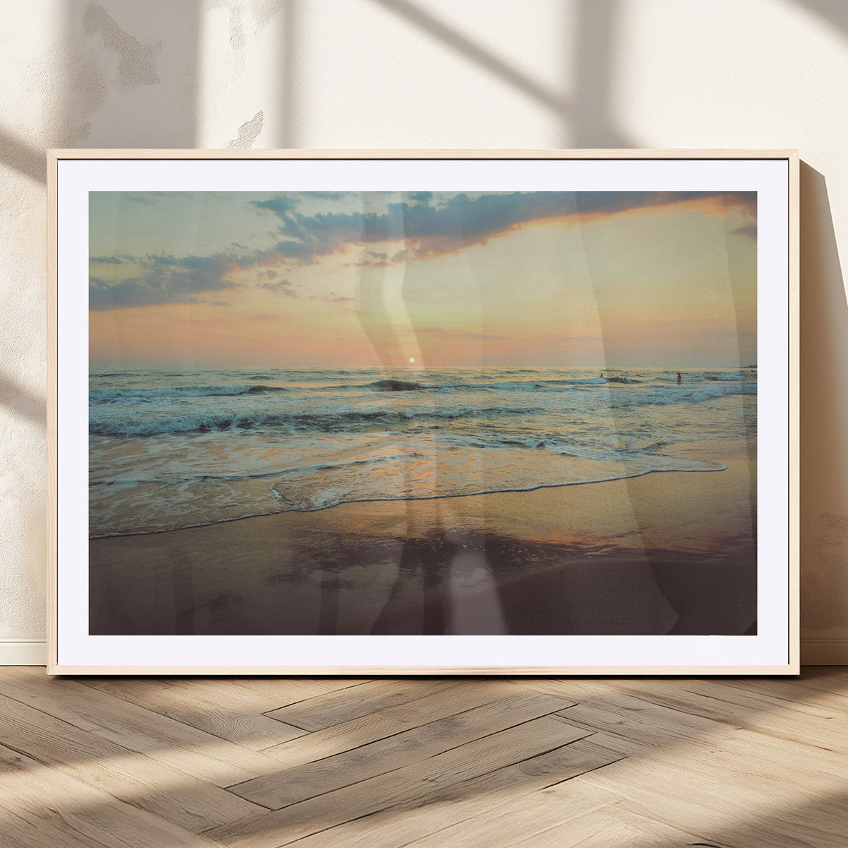 Sunset Seascape Wall Art Canvas Print, Framed Pastel Ocean View with Tranquil Shoreline