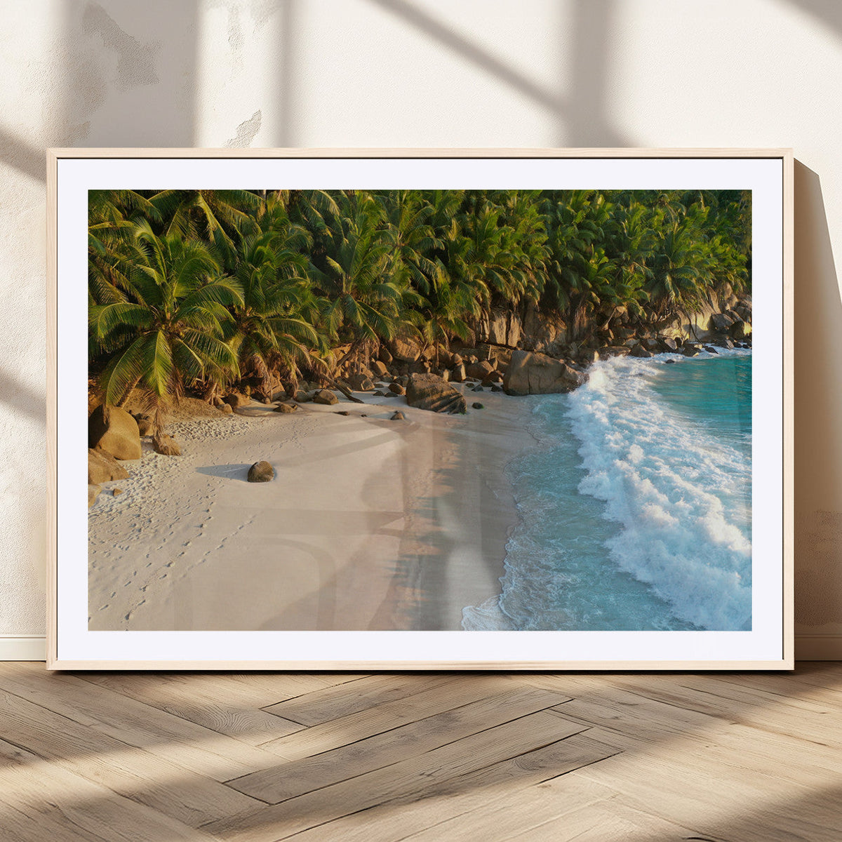 Tropical Beach Wall Art Canvas Print, Framed Ocean Waves and Palm Trees at Golden Sunset