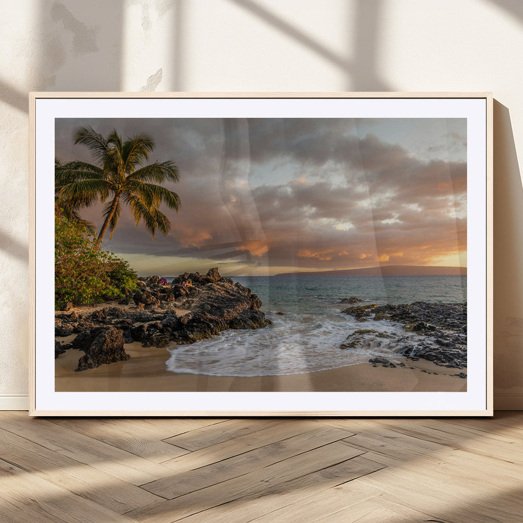 Tropical Beach Wall Art Canvas Print, Vibrant Hawaiian Sunset with Ocean Waves