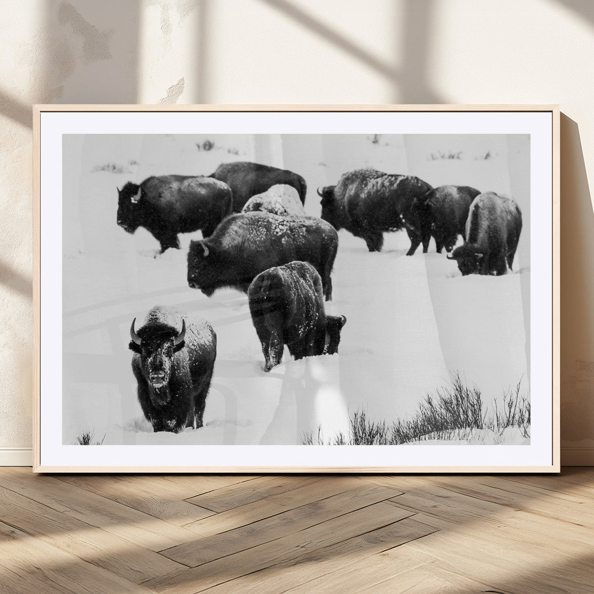 Buffalo Herd Wall Art Canvas Print, Framed Black and White Snowy Landscape