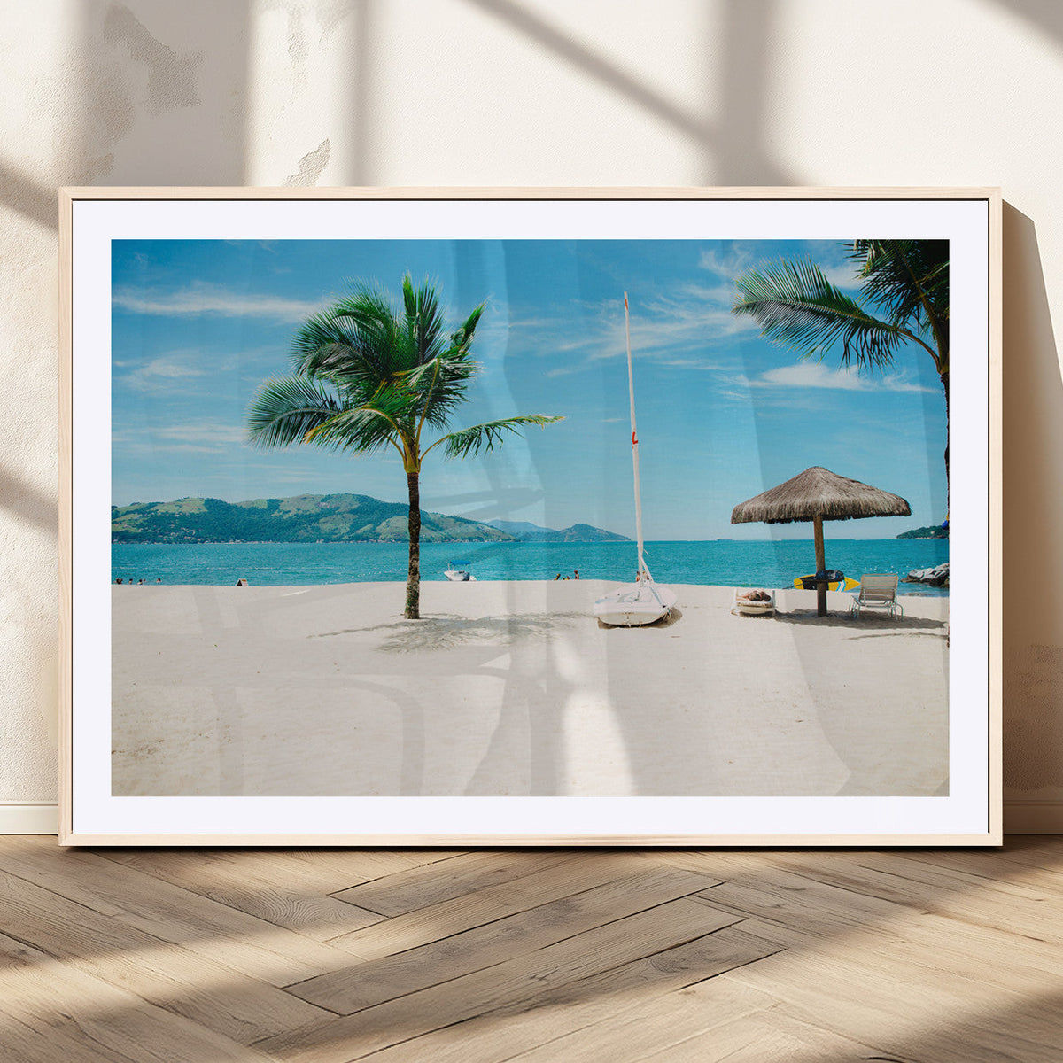 Tropical Beach Wall Art Canvas Print, Framed Palm Tree Ocean View with Calm Waves