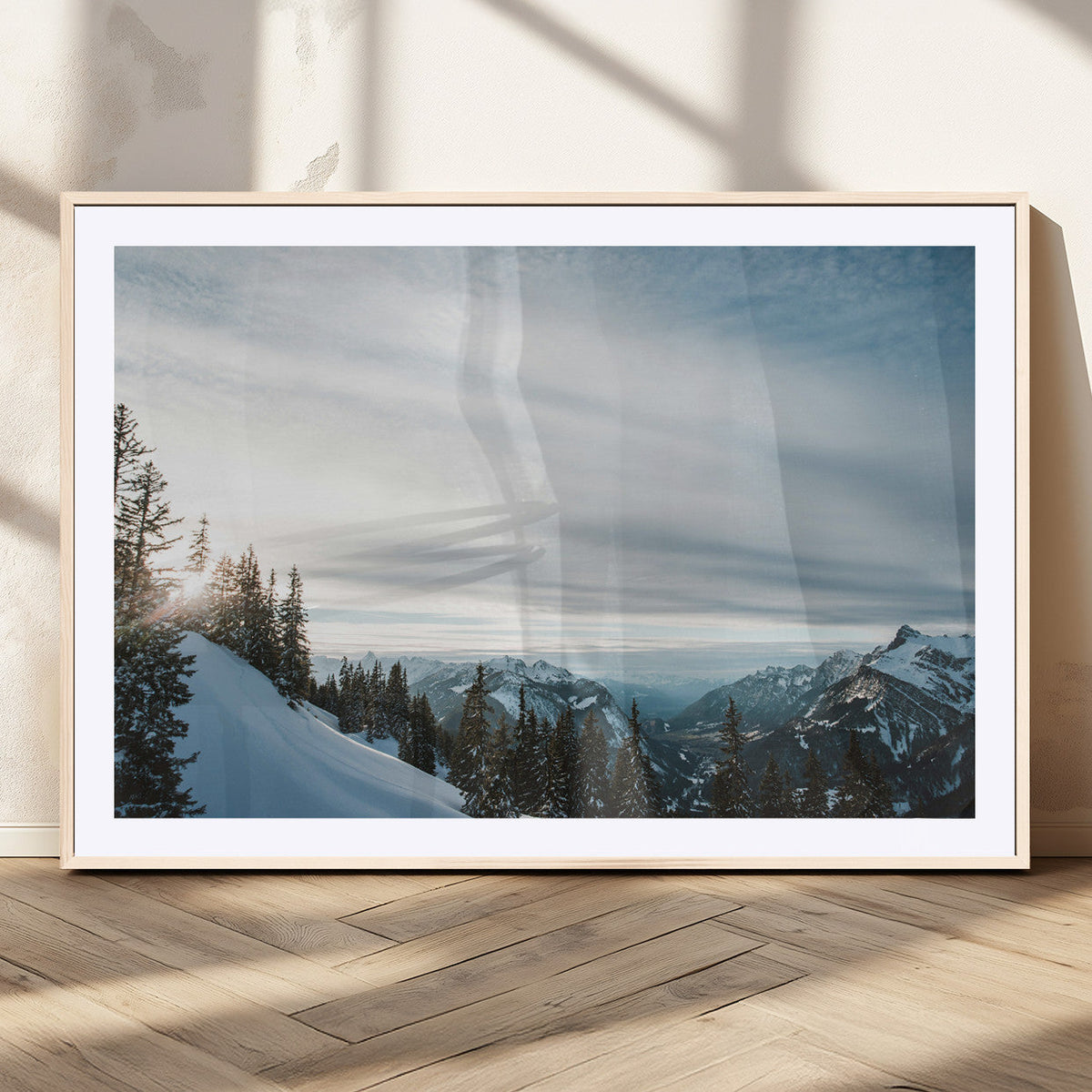 Snowy Mountains Wall Art Canvas Print, Framed Alpine Landscape Frosty Peaks Artwork