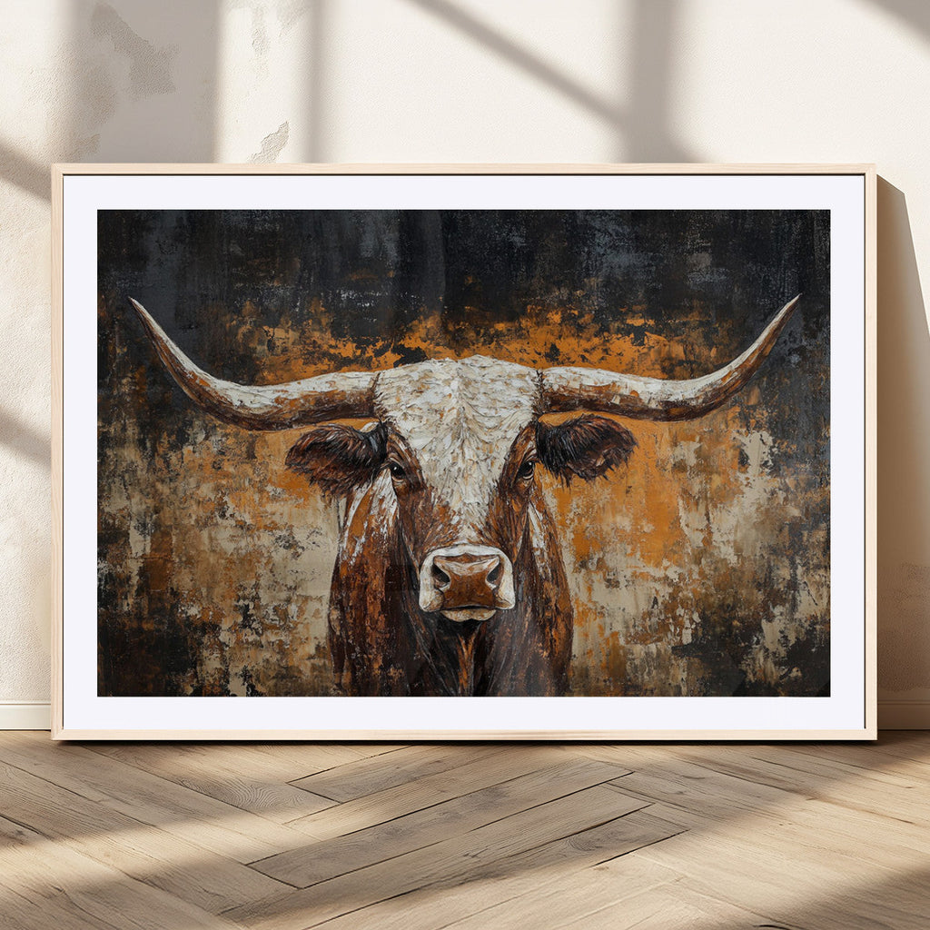 Abstract Longhorn Bull Wall Art Canvas Print, Vintage Western Texas Steer Artwork
