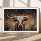 Abstract Longhorn Bull Wall Art Canvas Print, Vintage Western Texas Steer Artwork