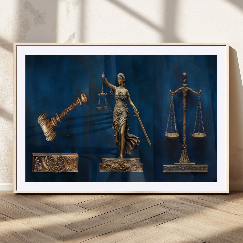Lady Justice Wall Art Canvas Print, Elegant Gold Legal Symbols on Blue, Law Office Decor