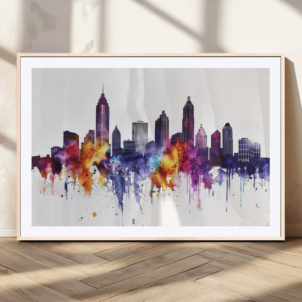 Atlanta Skyline Wall Art Canvas Print, Framed Colorful Watercolor Cityscape