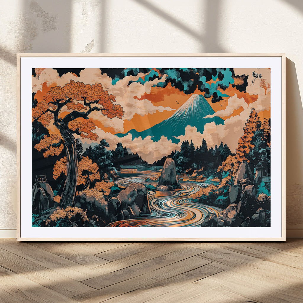 Japanese Landscape Wall Art Canvas Print, Mount Fuji with Flowing River and Autumn Trees