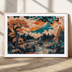 Japanese Landscape Wall Art Canvas Print, Mount Fuji with Flowing River and Autumn Trees