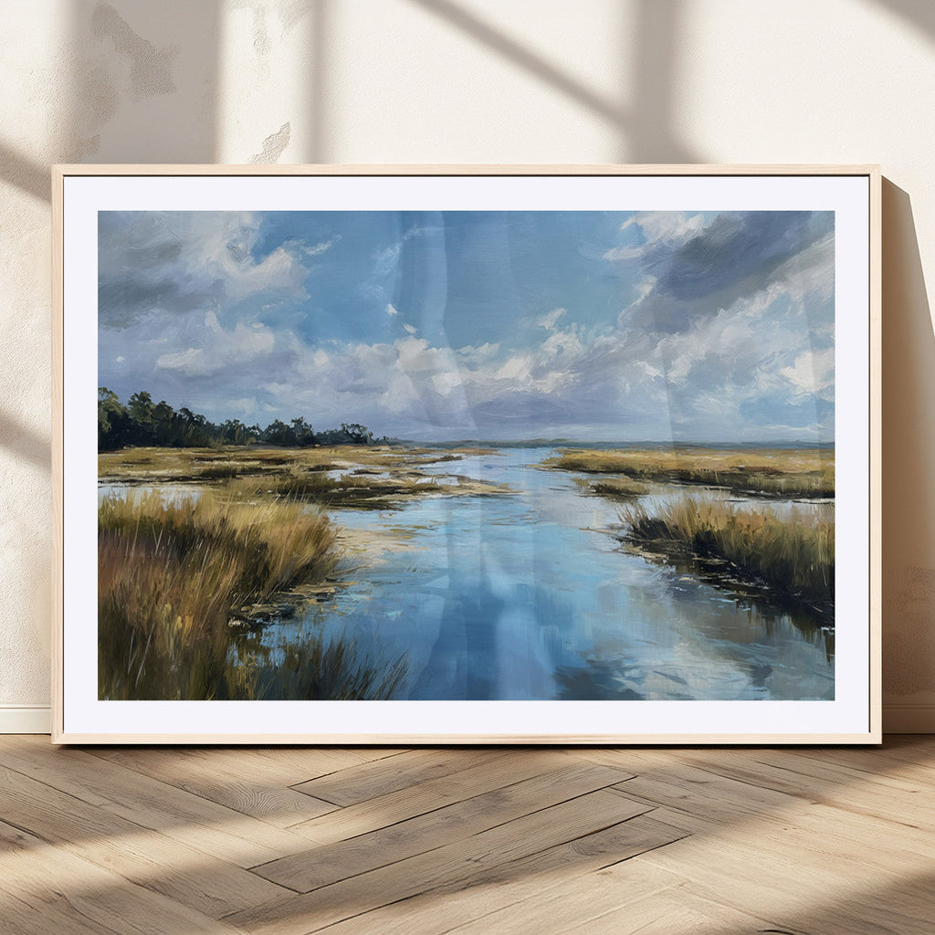 Marshland Wall Art Canvas Print, Serene Water Reflection with Blue Sky and Golden Grass