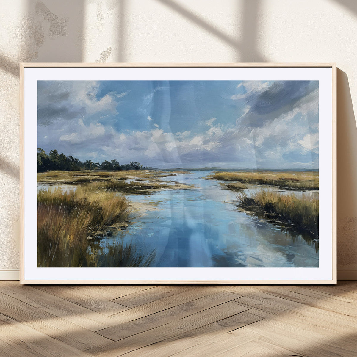 Marshland Wall Art Canvas Print, Serene Water Reflection with Blue Sky and Golden Grass