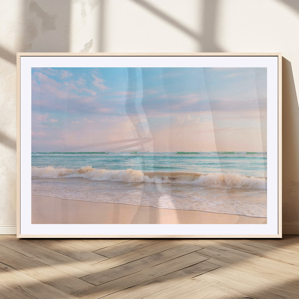 Serene Ocean Waves Wall Art Canvas Print, Pastel Sky Over a Soft Sand Beach