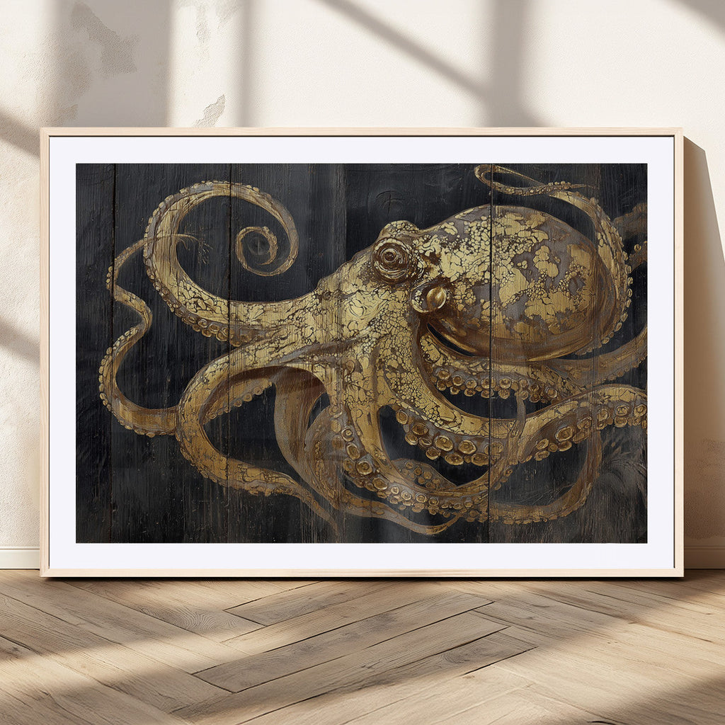 Octopus Wall Art Canvas Print, Gold Detail Octopus on Wooden Plank Background