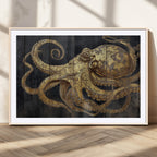 Octopus Wall Art Canvas Print, Gold Detail Octopus on Wooden Plank Background