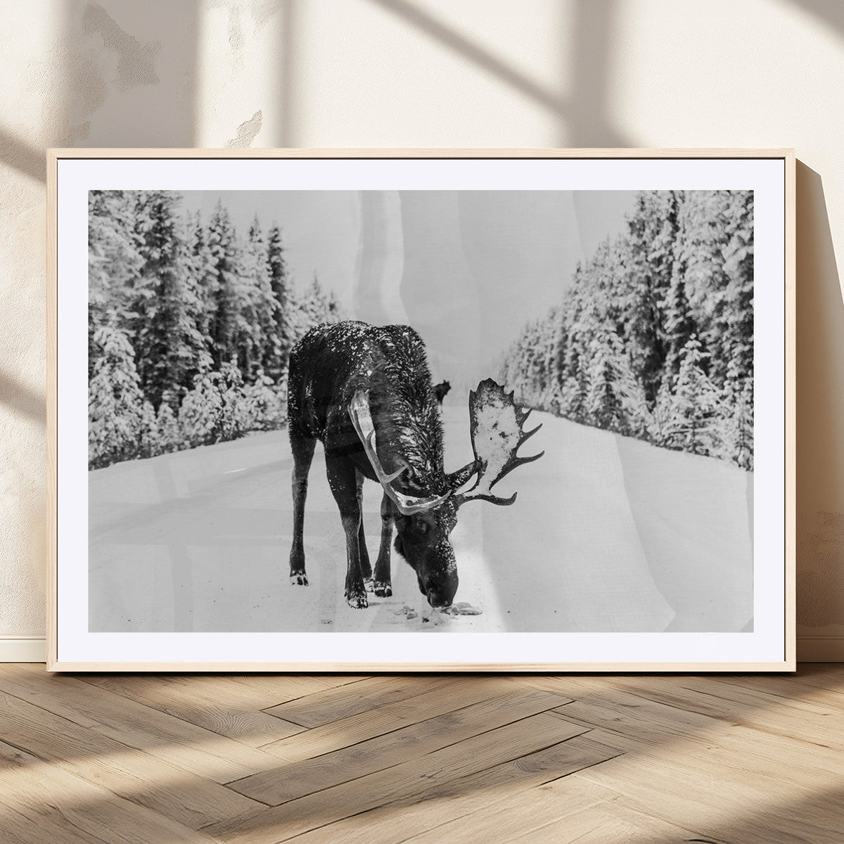 Moose Wall Art Canvas Print, Winter Moose with Antlers in a Snowy Forest
