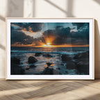 Ocean Sunset Wall Art Canvas Print, Rocky Shore Waves and Golden Sun Rays