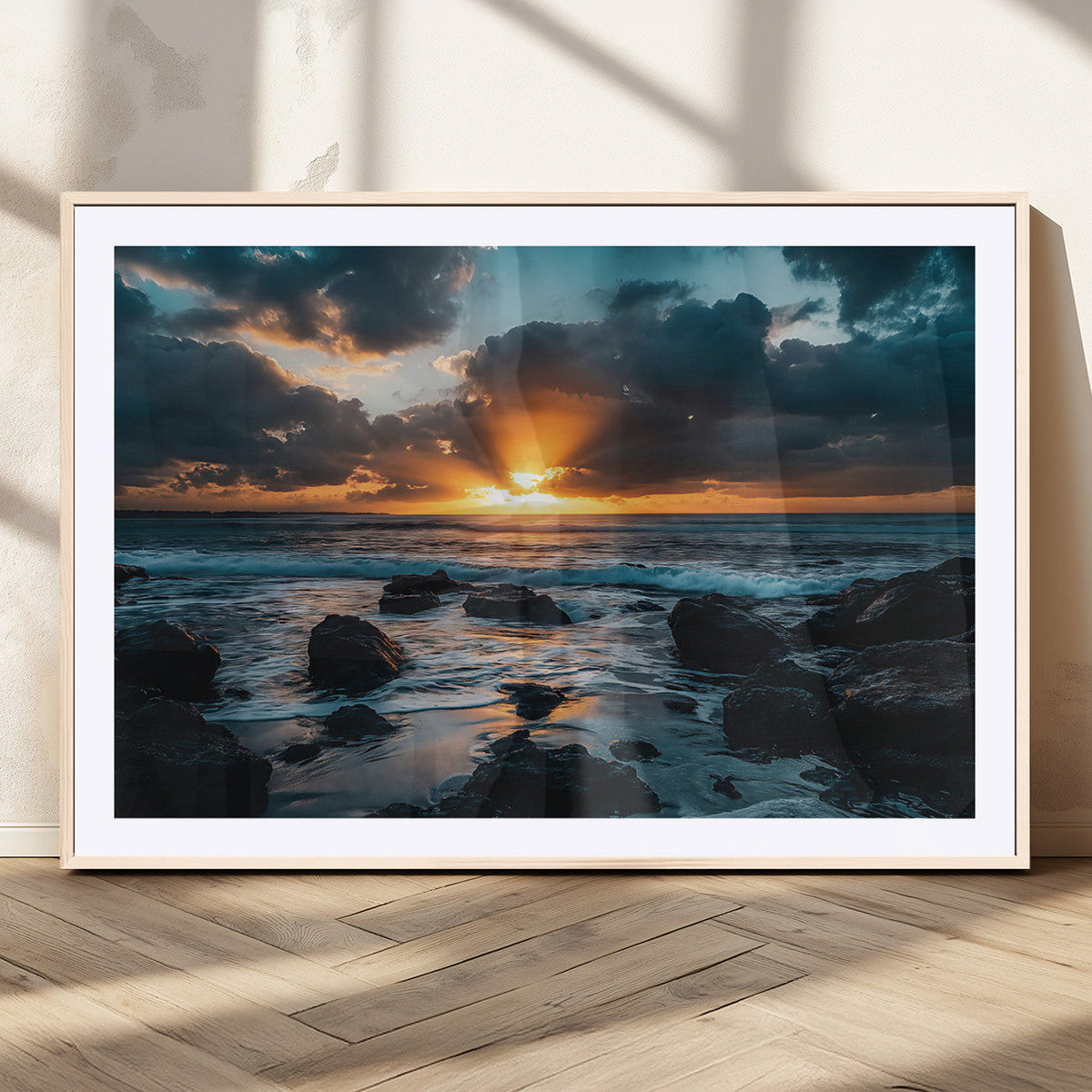 Ocean Sunset Wall Art Canvas Print, Rocky Shore Waves and Golden Sun Rays