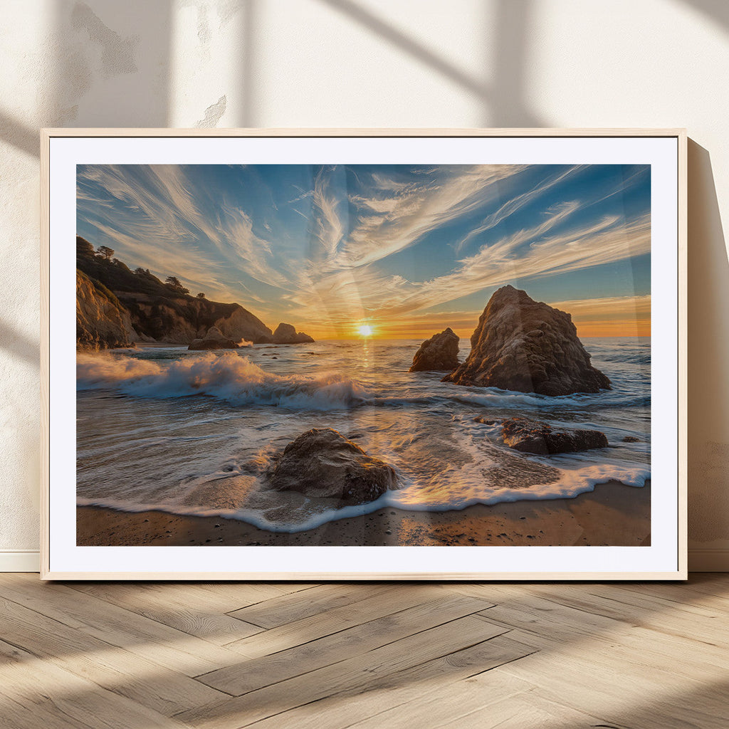 Rocky Ocean Sunset Wall Art Print, Seaside Canvas with Dramatic Seascape