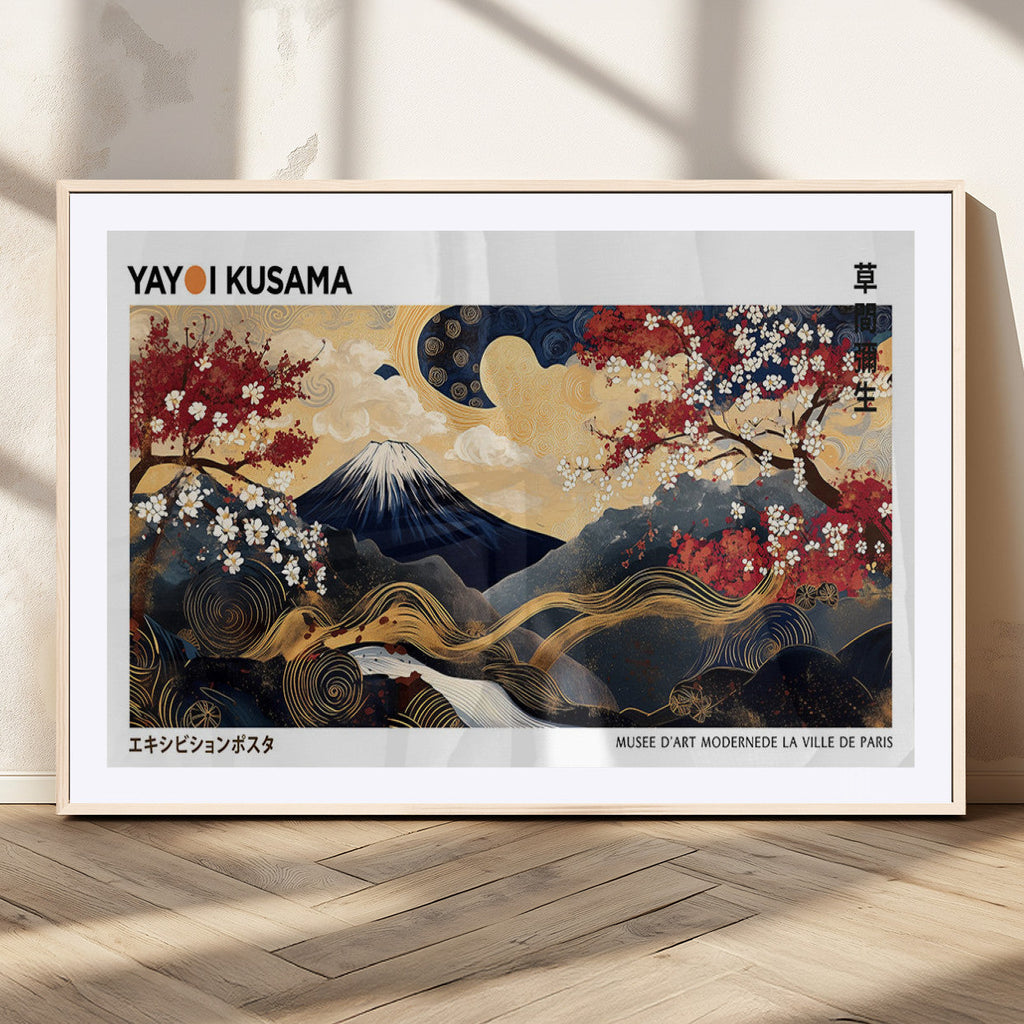 Yayoi Kusama Inspired Japanese Art Canvas Print, Floral Mt. Fuji Modern Asian Wall Decor