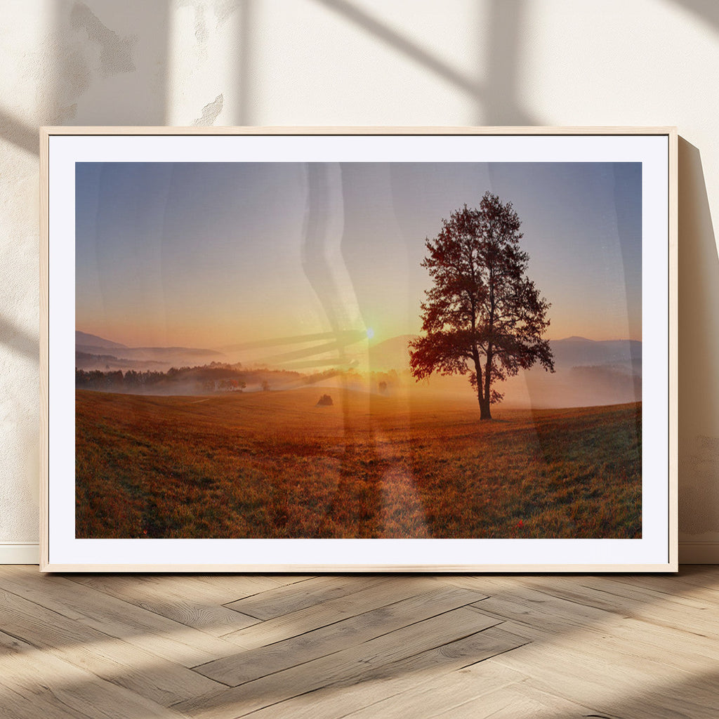 Golden Sunrise Landscape Canvas Wall Art, Framed Misty Field Nature Print