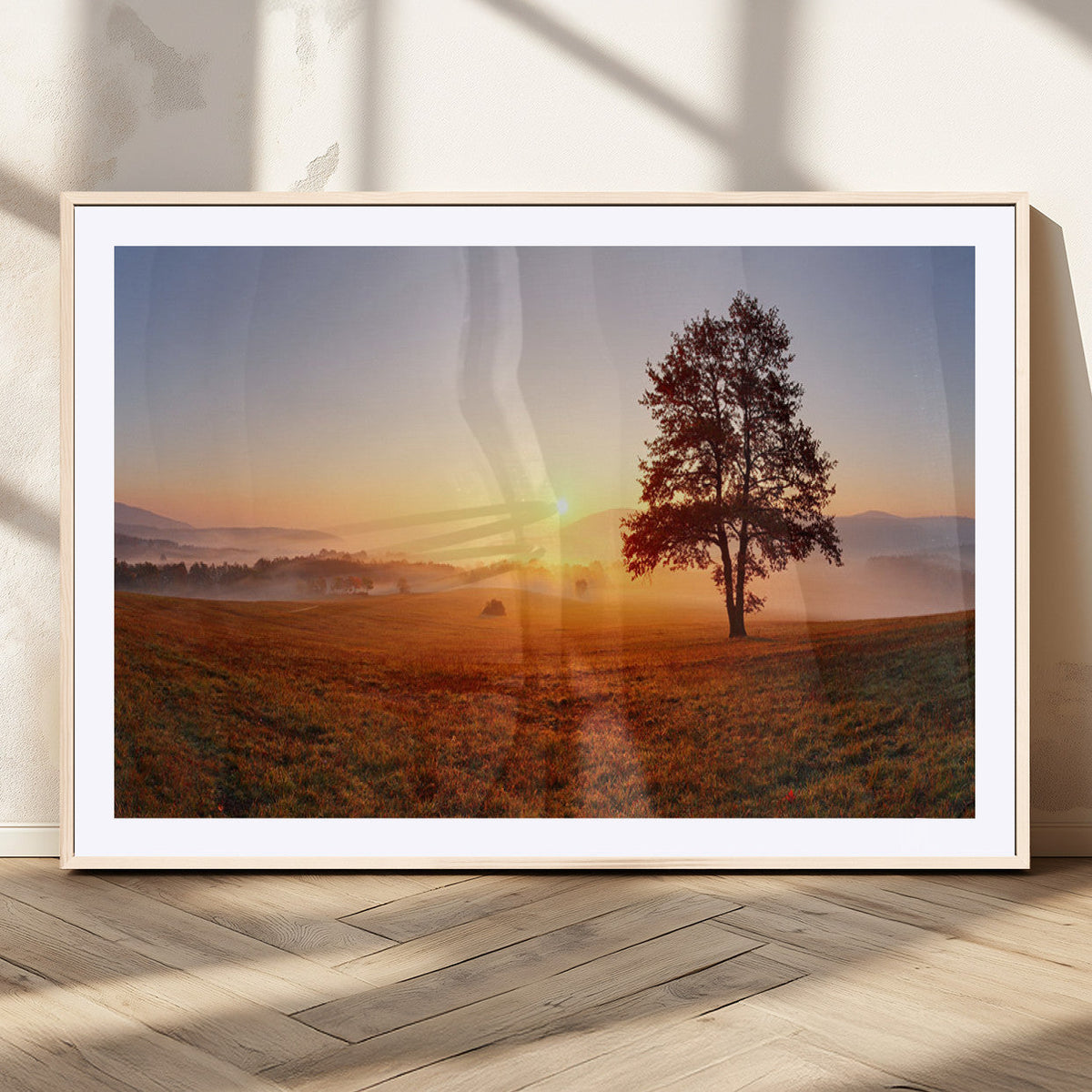 Golden Sunrise Landscape Canvas Wall Art, Framed Misty Field Nature Print