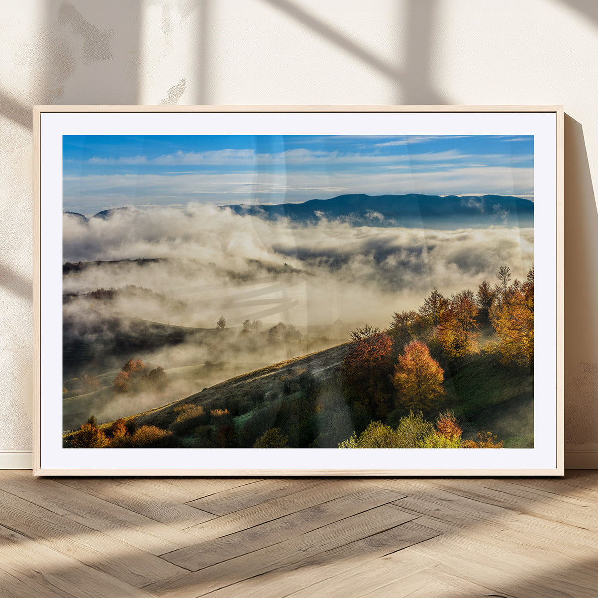 Misty Autumn Hills Wall Art Canvas Print, Foggy Forest Landscape with Fall Foliage