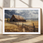 Golden Wheat Field Barn Canvas Print, Rustic Farm Landscape Under Dramatic Sky