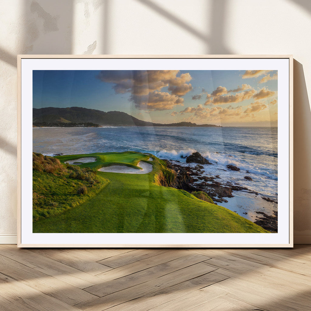 Coastal Golf Course Wall Art Canvas Print, Sunset with Rolling Green Fairways and Ocean Waves